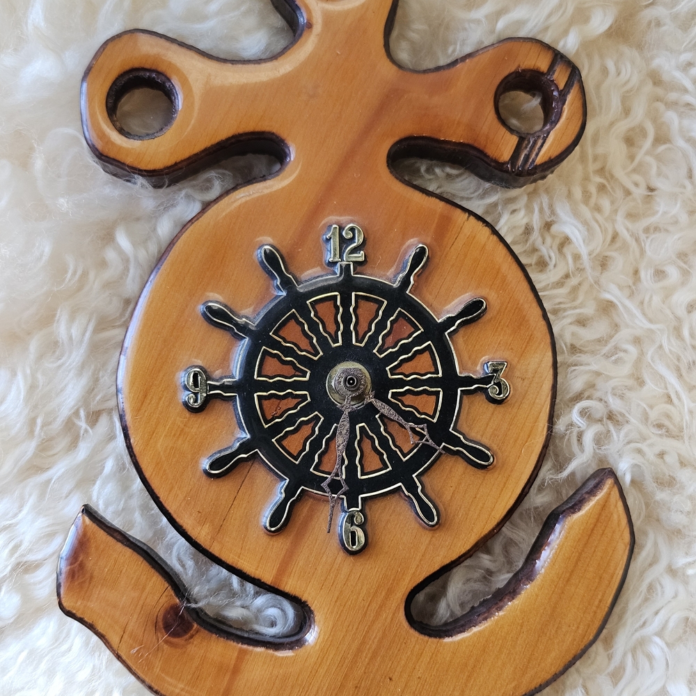 Vintage 1970s Wooden Anchor Wall Clock in Warm Brown - Nautical Home Decor